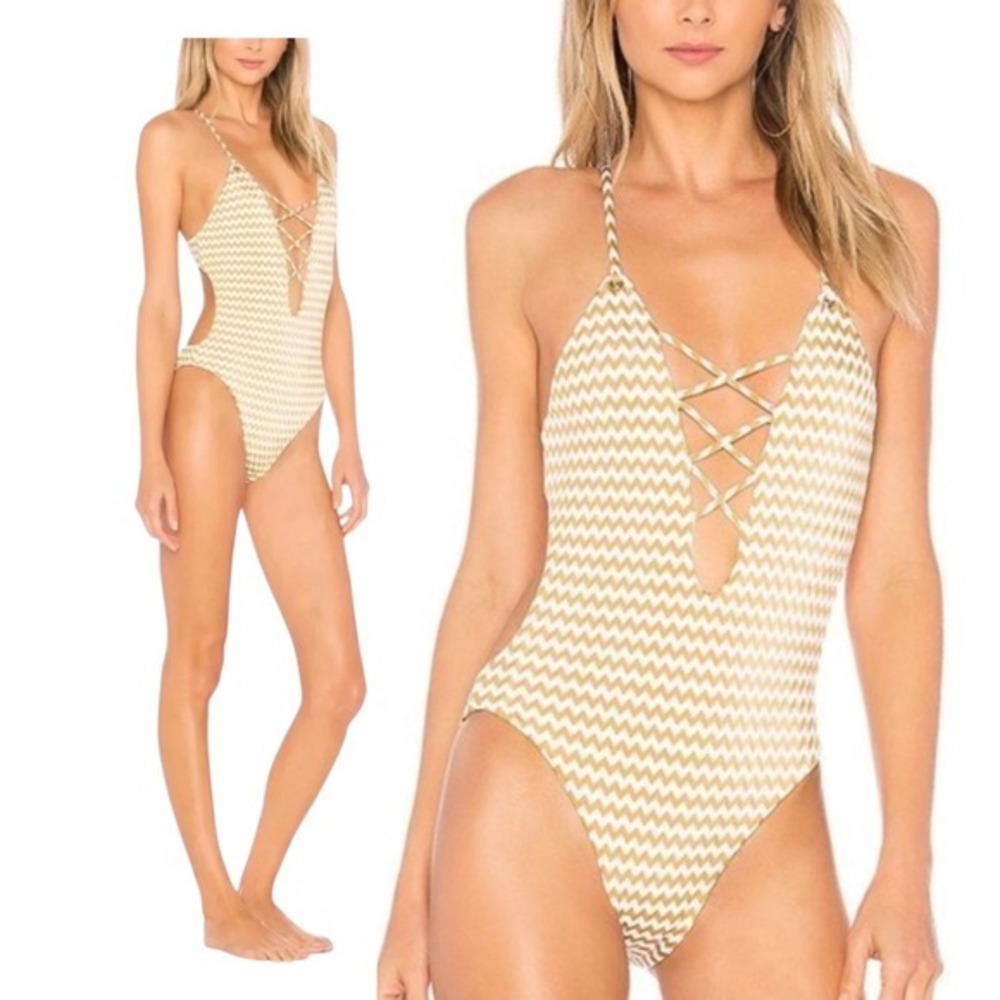 BLUE LIFE Seaside Metallic Chevron Stripe One Piece Monokini Swimsuit